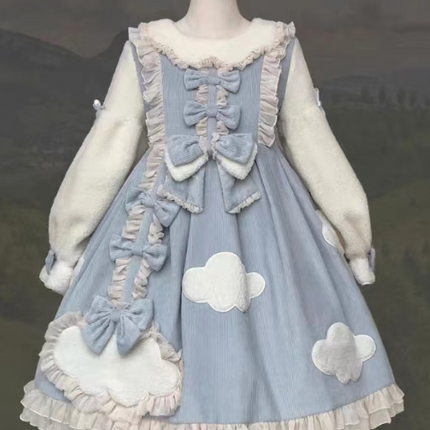 S-2XL Cloudy Dreams Lolita Dress - Cozy Cloud Appliqué OP for Autumn and Winter