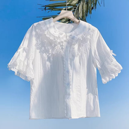 Lace - adorned Long - sleeved Blouse with Fluffy Cuffs, Exuding Delicate Femininity
