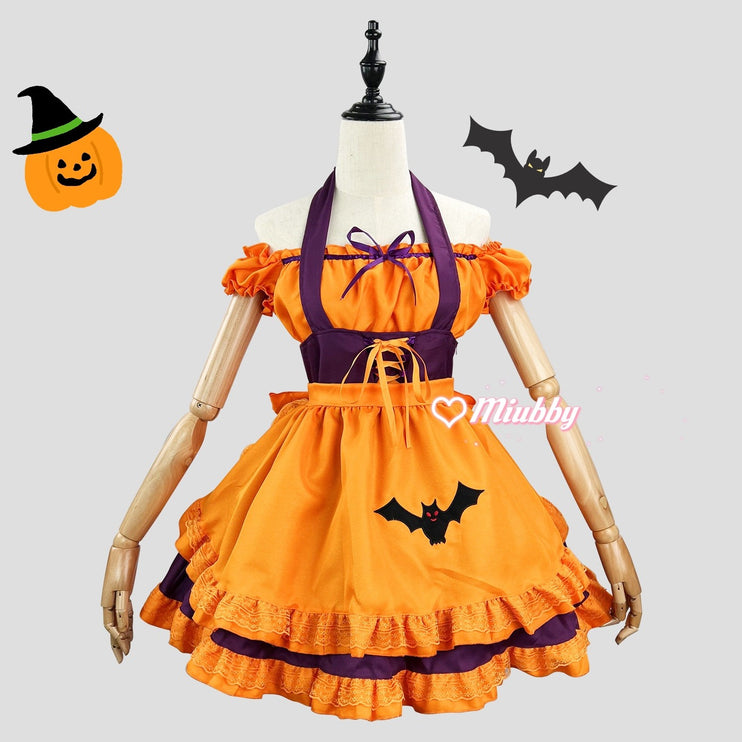 S-3XL Enchanting Halloween Lolita Maid Costume with Bat Applique and Ruffled Trim Skirt