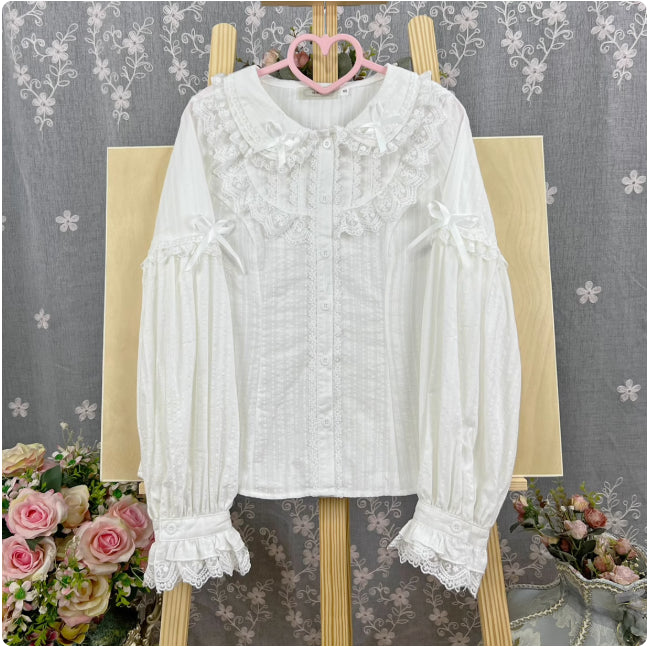 Lolita Dress Summer Peter Pan Collar Short Sleeve Cotton Shirt, White/ Black