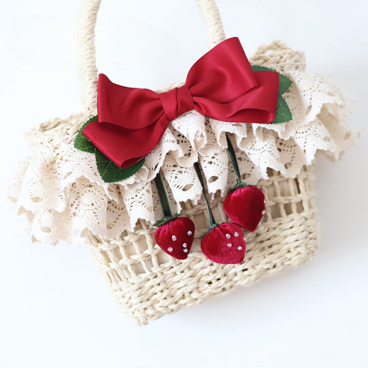 Lolita Strawberry Flower Handcrafted Bag Spring Outing Woven Basket