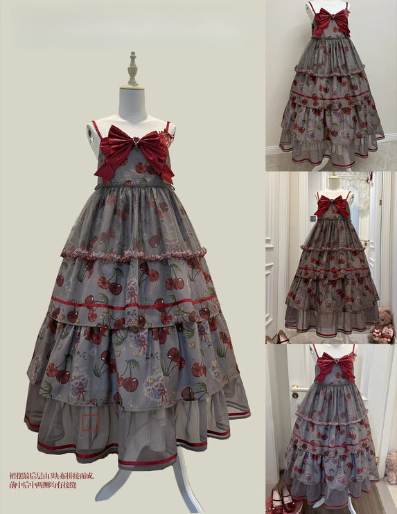 S-2XL Cherry Blossom Delight Lolita Dress – Sweet Vintage Print JSK/OP in Black, Red, Gray & White