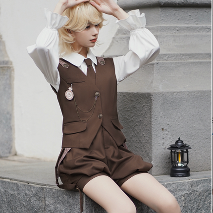 Detective Lolita Prince Set – Brown Vest with Suspender Shorts and Ruffled Blouse