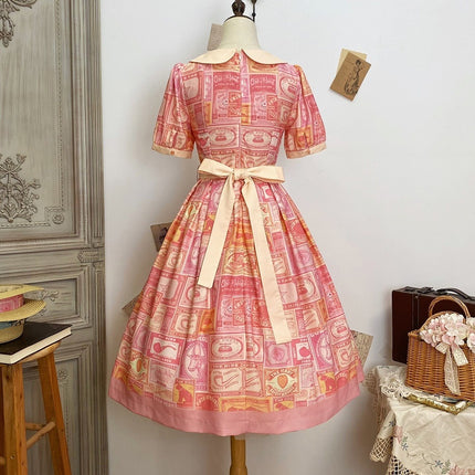 Vintage Postage Stamp Lolita Dress – Classic American Retro Short Sleeve OP for Daily Wear