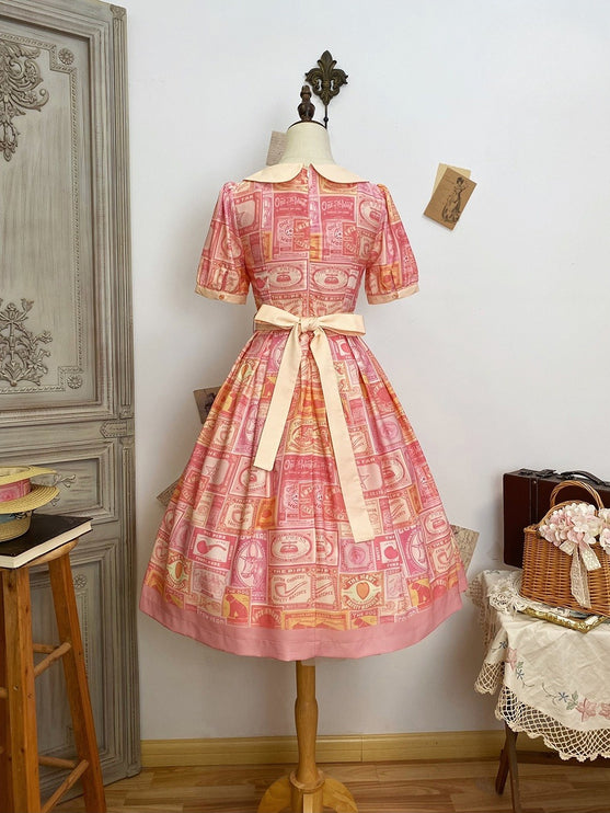 Vintage Postage Stamp Lolita Dress – Classic American Retro Short Sleeve OP for Daily Wear