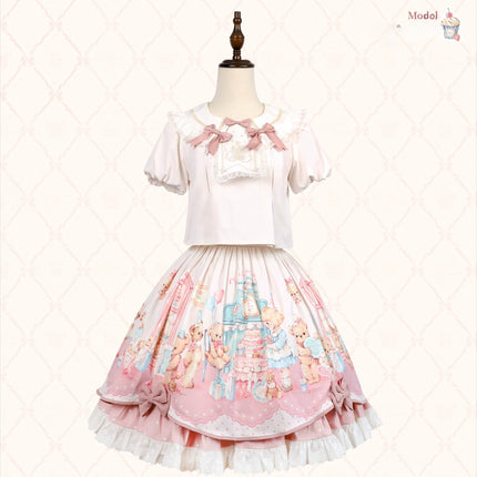 Teddy Bear's Cream Party Sweet Lolita JSK with Lace and Ribbon Accents