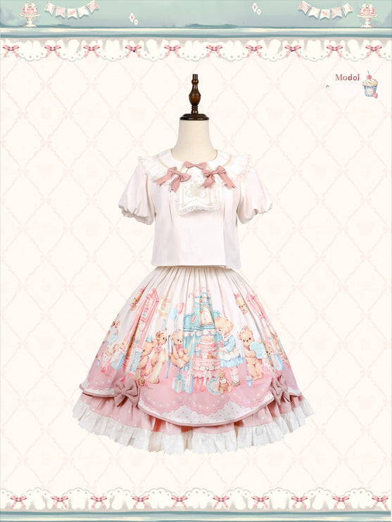 Teddy Bear's Cream Party Sweet Lolita JSK with Lace and Ribbon Accents