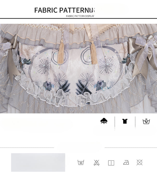 Ethereal Cream Floral Lolita Dress with Puffed Sleeves and Multi-Tiered Skirt