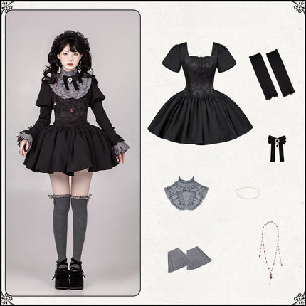 Black & Cream Whimsical Lolita Dress – Adjustable Bows & Multi-Tiered Lace Skirt