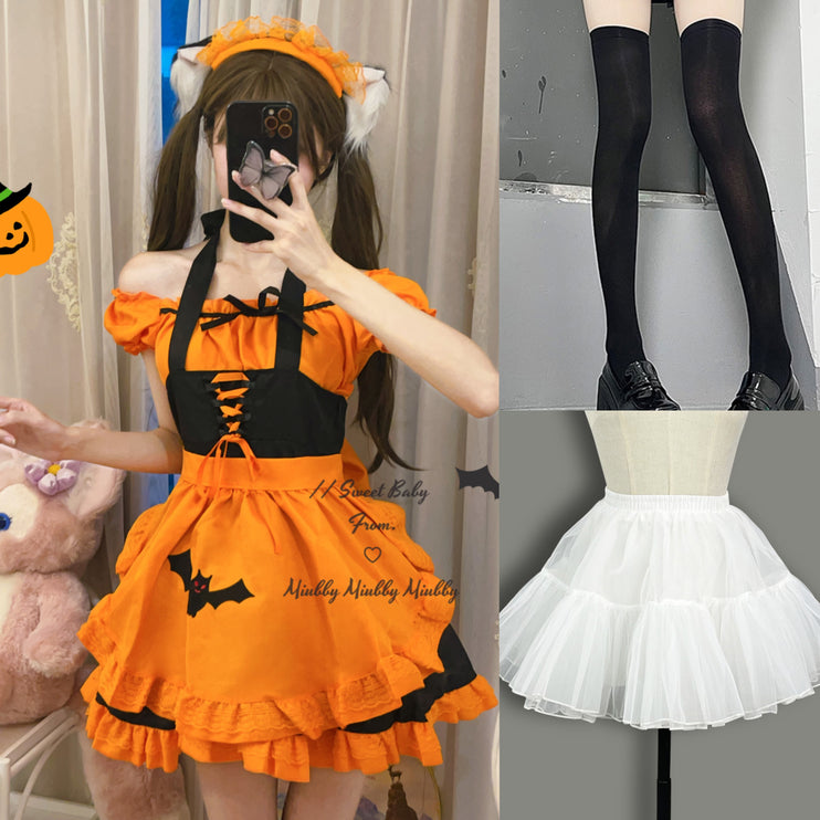 S-3XL Enchanting Halloween Lolita Maid Costume with Bat Applique and Ruffled Trim Skirt