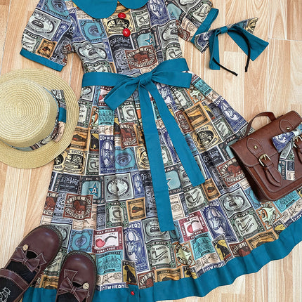 Vintage Postage Stamp Lolita Dress – Classic American Retro Short Sleeve OP for Daily Wear