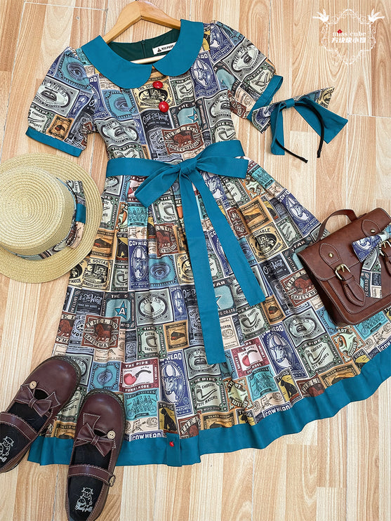 Vintage Postage Stamp Lolita Dress – Classic American Retro Short Sleeve OP for Daily Wear