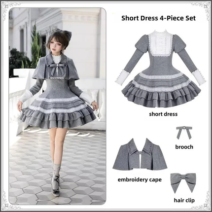 Two - piece Lolita dresses with capes, ruffled tiers and cute bowknots for a charming look