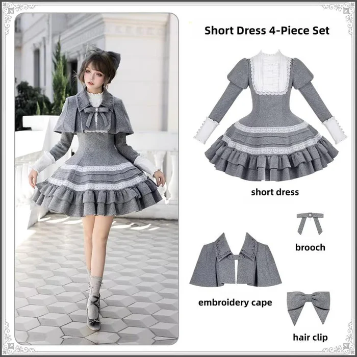 Two - piece Lolita dresses with capes, ruffled tiers and cute bowknots for a charming look