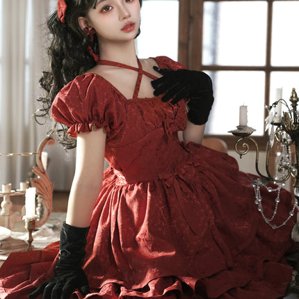 Thorn Rose Lolita Dress Short Sleeve OP Triple-Layer Puffy Skirt Red Lolita Dress