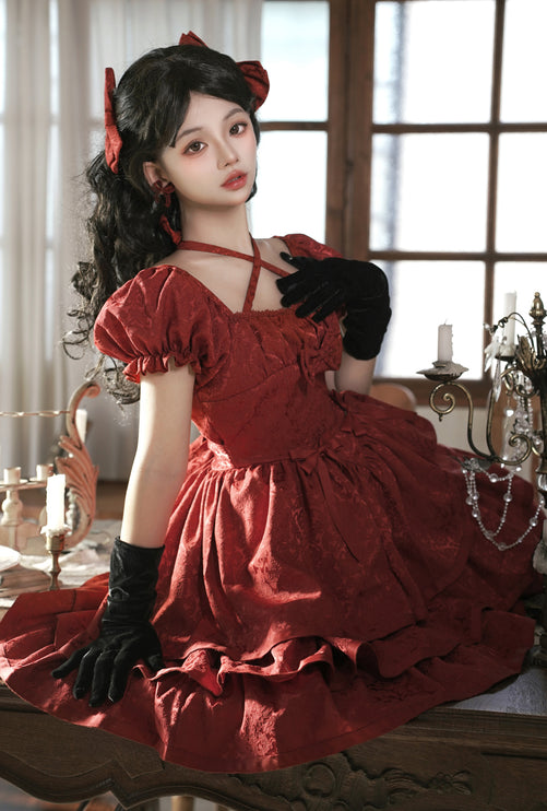 Thorn Rose Lolita Dress Short Sleeve OP Triple-Layer Puffy Skirt Red Lolita Dress