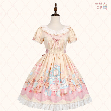 Teddy Bear's Cream Party Sweet Lolita JSK with Lace and Ribbon Accents