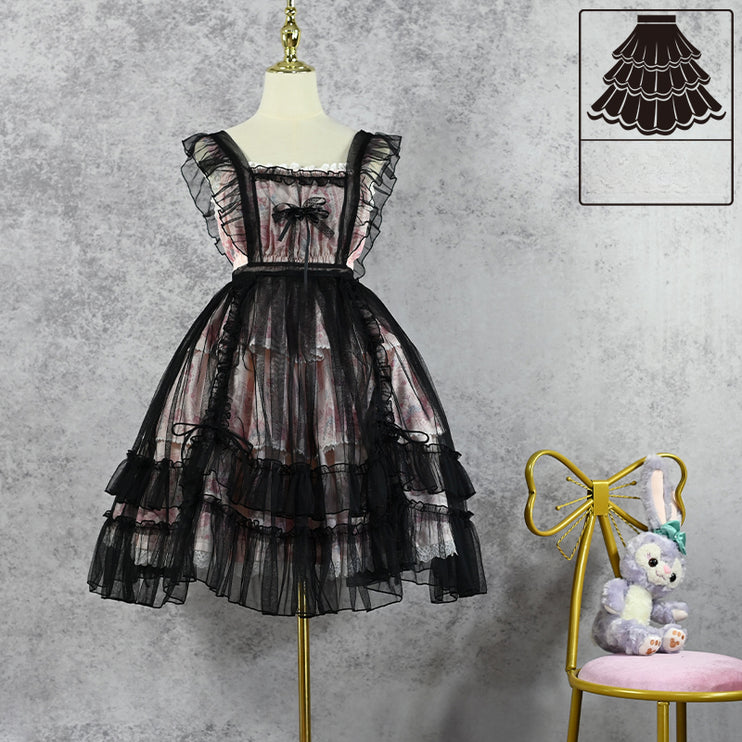 Serene Blossom Lolita Dress - Dual-Style Apron Overlay JSK with Floral and Lace Accents