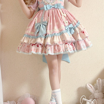 Icing Sweetheart JSK Pastel Tiered Lolita Dress with Lace Trimmings And Big Bow