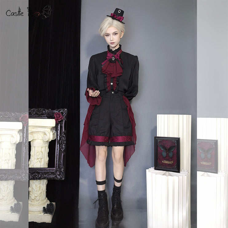 Twin Prince-Inspired Lolita Set – Black and Red Gothic High-Low Hoop Skirt with Vest and Shirt Design