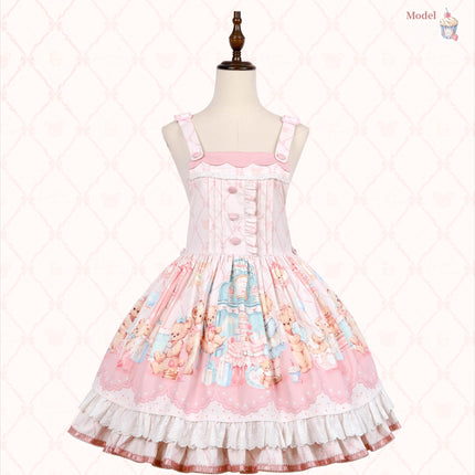 Teddy Bear's Cream Party Sweet Lolita JSK with Lace and Ribbon Accents