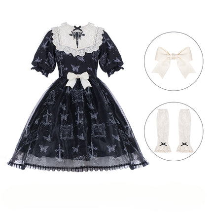 Stage Butterfly Pattern Embroidered Floral Print Natural Flounce Detachable Sleeves OP Lolita Dress