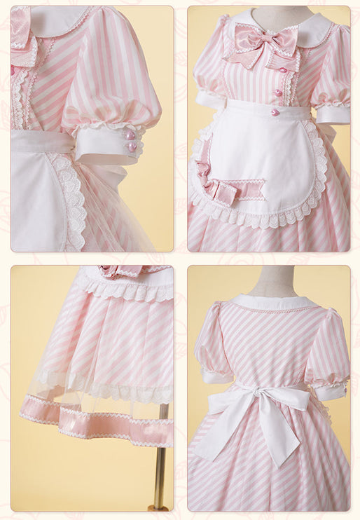 Lemonade Striped Puff-Sleeve Sweet Lolita Dress with Pink Bowknot & Lace Apron