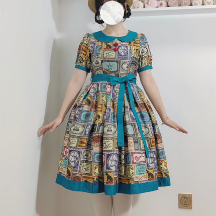 Vintage Postage Stamp Lolita Dress – Classic American Retro Short Sleeve OP for Daily Wear