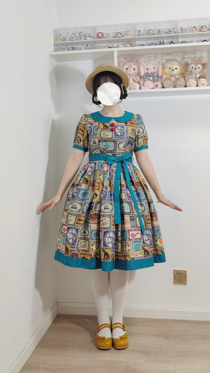 Vintage Postage Stamp Lolita Dress – Classic American Retro Short Sleeve OP for Daily Wear