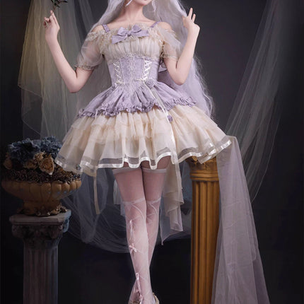 Sweet Lolita Off - the - Shoulder Dress with Tulle Skirt and Ribbon Details