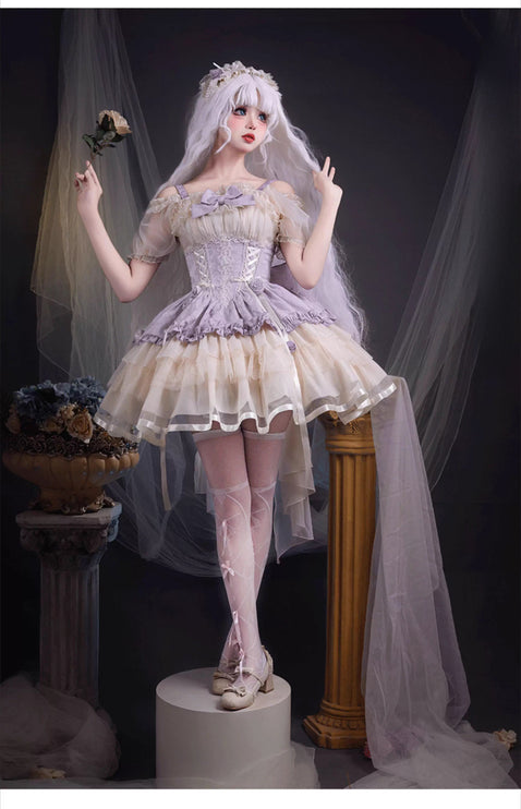 Sweet Lolita Off - the - Shoulder Dress with Tulle Skirt and Ribbon Details