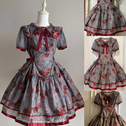 S-2XL Cherry Blossom Delight Lolita Dress – Sweet Vintage Print JSK/OP in Black, Red, Gray & White