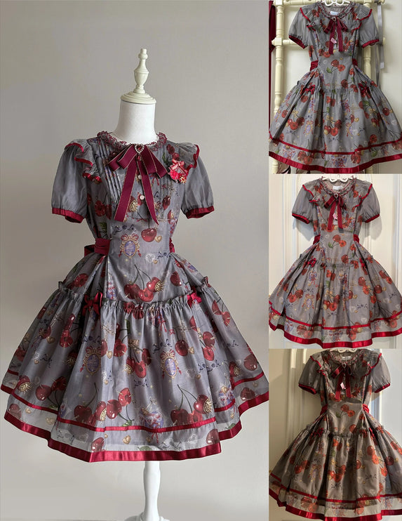 S-2XL Cherry Blossom Delight Lolita Dress – Sweet Vintage Print JSK/OP in Black, Red, Gray & White