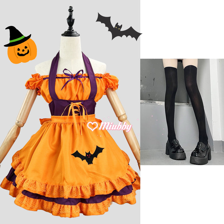 S-3XL Enchanting Halloween Lolita Maid Costume with Bat Applique and Ruffled Trim Skirt