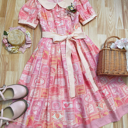 Vintage Postage Stamp Lolita Dress – Classic American Retro Short Sleeve OP for Daily Wear