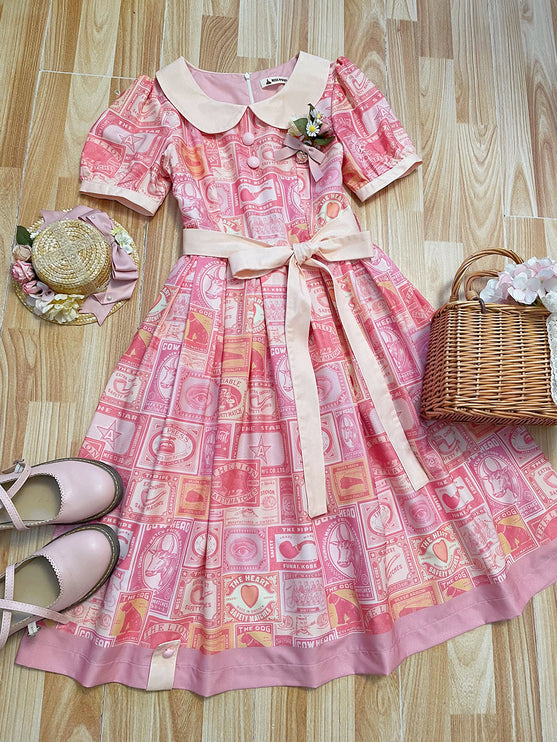 Vintage Postage Stamp Lolita Dress – Classic American Retro Short Sleeve OP for Daily Wear