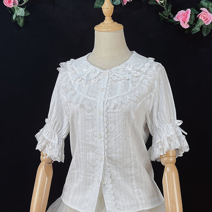 Lolita Dress Summer Peter Pan Collar Short Sleeve Cotton Shirt, White/ Black