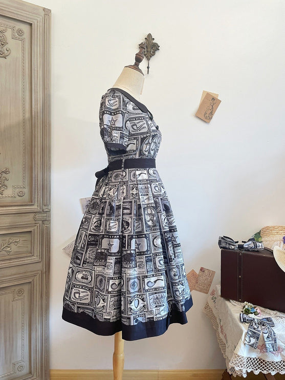 Vintage Postage Stamp Lolita Dress – Classic American Retro Short Sleeve OP for Daily Wear