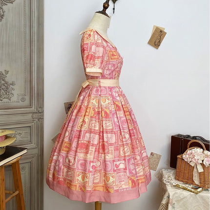 Vintage Postage Stamp Lolita Dress – Classic American Retro Short Sleeve OP for Daily Wear