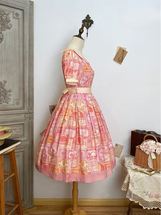 Vintage Postage Stamp Lolita Dress – Classic American Retro Short Sleeve OP for Daily Wear