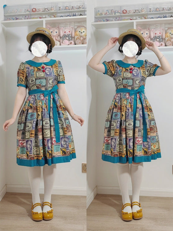 Vintage Postage Stamp Lolita Dress – Classic American Retro Short Sleeve OP for Daily Wear