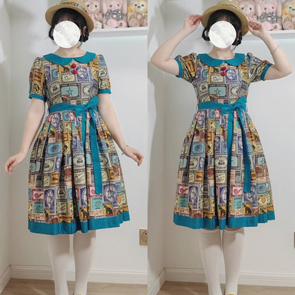 Vintage Postage Stamp Lolita Dress – Classic American Retro Short Sleeve OP for Daily Wear