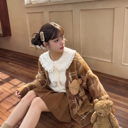 Romantic Ruffled Peter Pan Blouse, Sweet Bear Patch & Cookie Pocket Cozy Plaid Cardigan