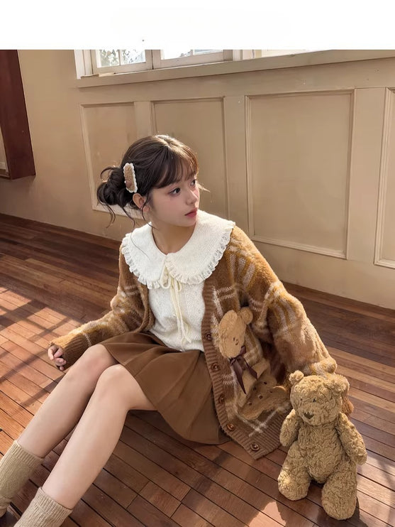 Romantic Ruffled Peter Pan Blouse, Sweet Bear Patch & Cookie Pocket Cozy Plaid Cardigan
