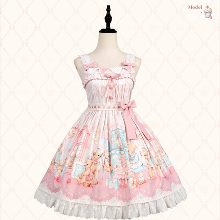 Teddy Bear's Cream Party Sweet Lolita JSK with Lace and Ribbon Accents