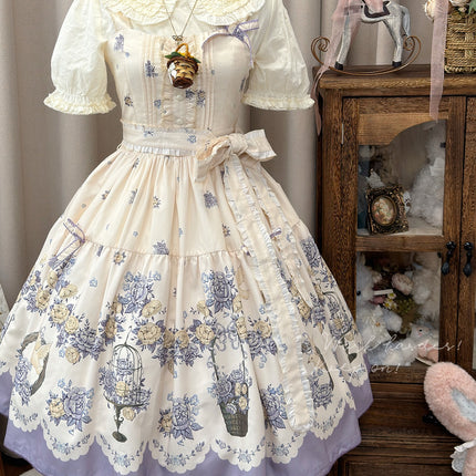 Bluebird Garden Lolita JSK – Elegant Floral Print Cla Series Dress with Waist Tie and Scalloped Hem