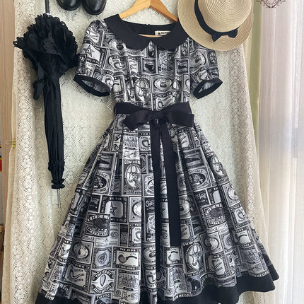 Vintage Postage Stamp Lolita Dress – Classic American Retro Short Sleeve OP for Daily Wear