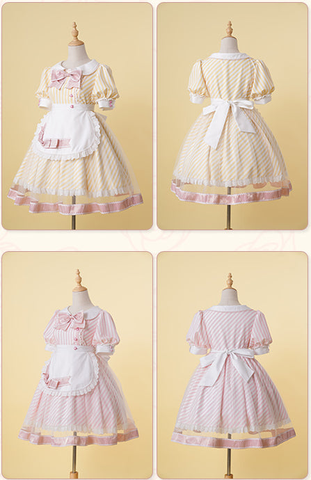 Lemonade Striped Puff-Sleeve Sweet Lolita Dress with Pink Bowknot & Lace Apron