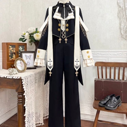 Modern Gothic Prince Suit – Courtly Black Jacket with Embroidered Sash and Ruffled Blouse