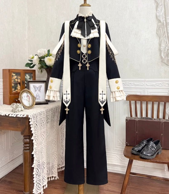 Modern Gothic Prince Suit – Courtly Black Jacket with Embroidered Sash and Ruffled Blouse